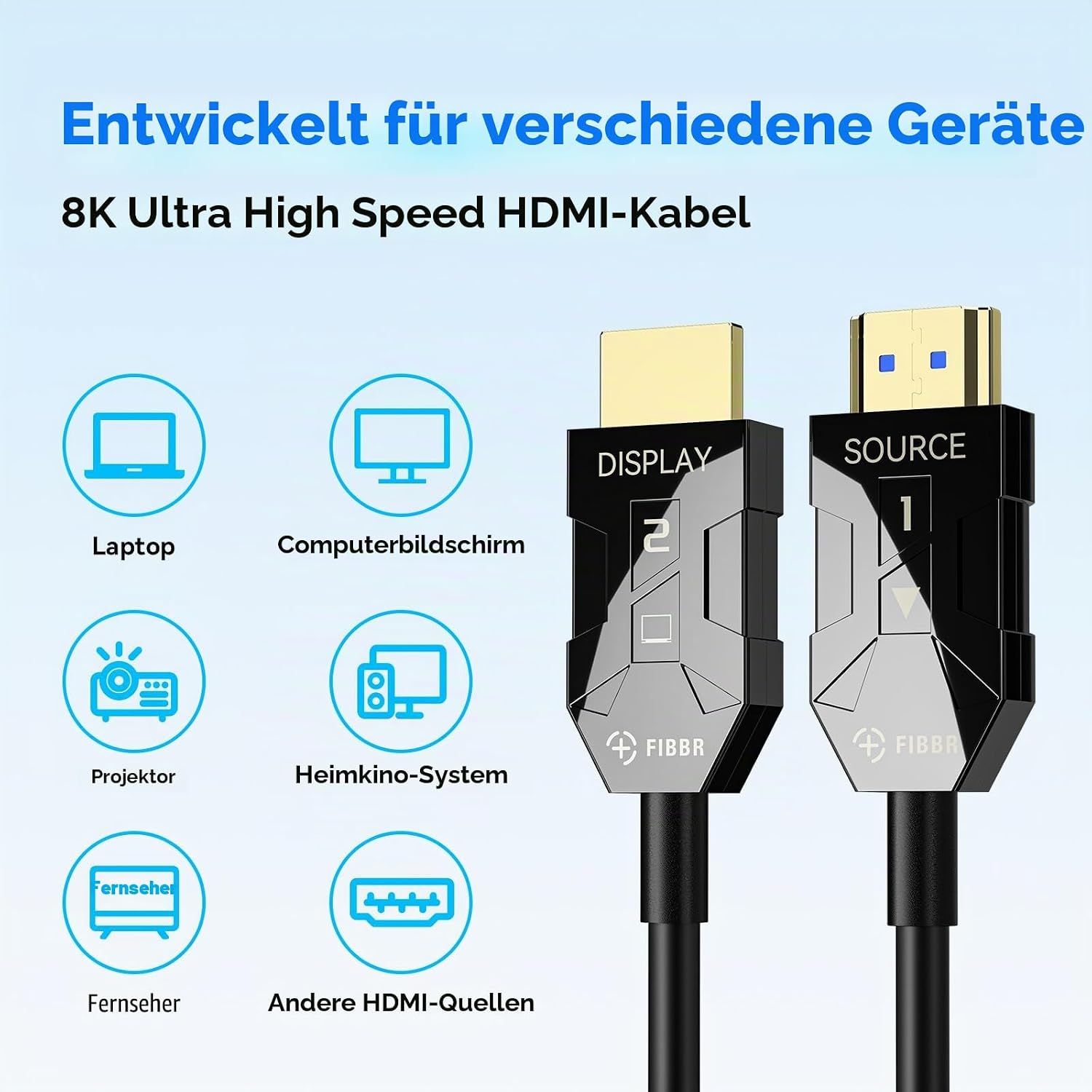 Detalle 2 de FIBBR 8K HDMI Glasfaserkabel 15 m – 48 Gbps, 8K@60Hz, 4K@120/144Hz, HDR, eARC, Kompatibel mit PS5/Xbox Series X/PC/TV