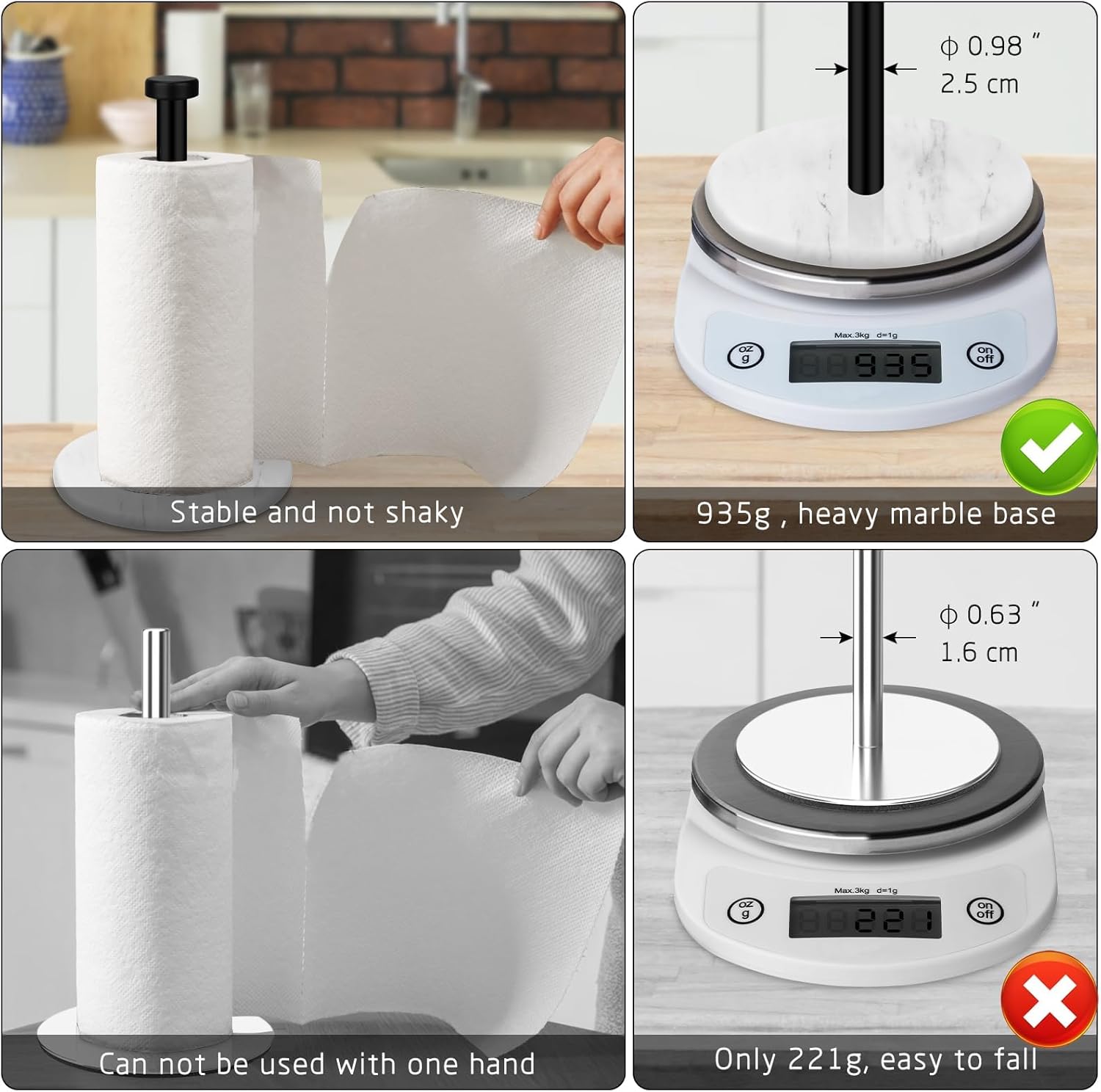 Thumbnail 3 de Paper Towel Holder Countertop with 18cm Marble Base and Stainless Steel Stand – White/Black