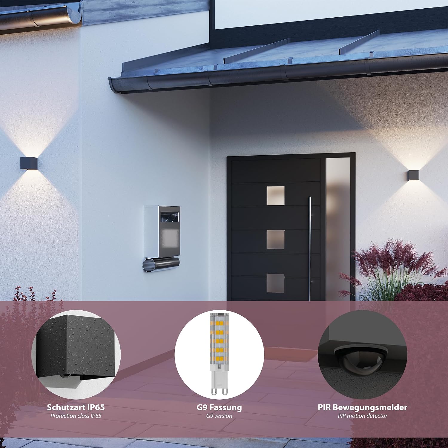 Detalle 2 de Ledscom.de 2 applique CUBEL per esterni IP65 con sensore movimento e attacco G9