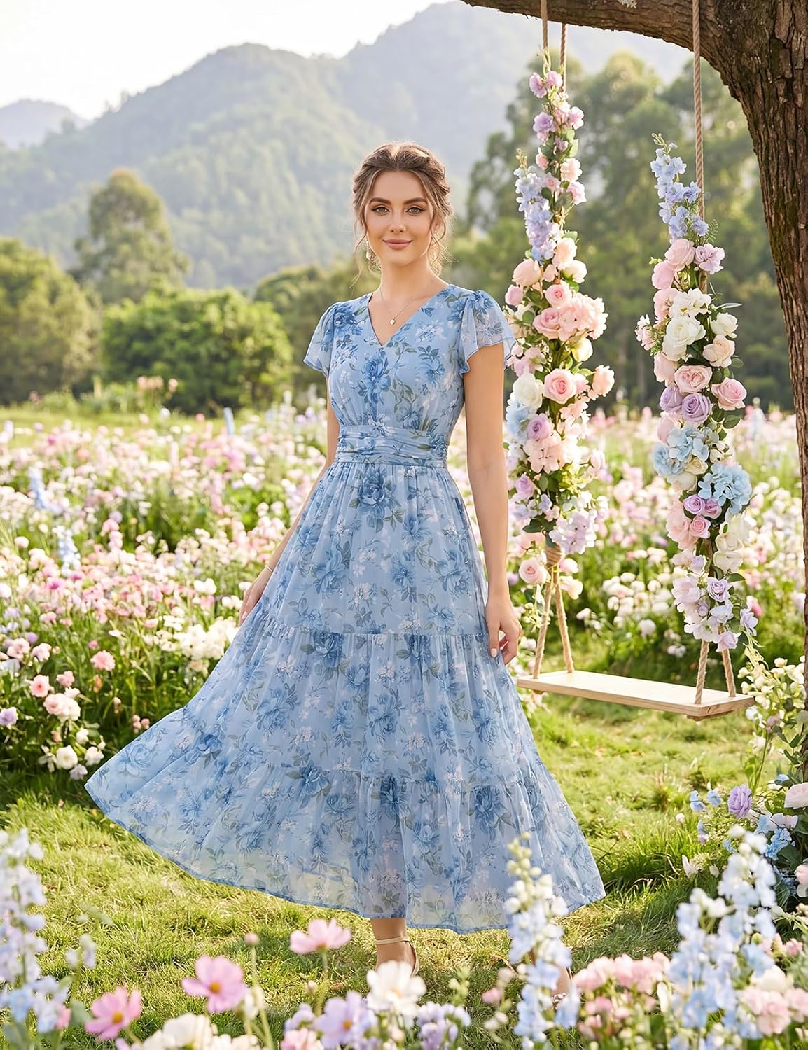 Detalle de GRACE KARIN 2026 Women's Summer Maxi Dress with Floral Print, V-Neck, Pockets, and Side Zipper