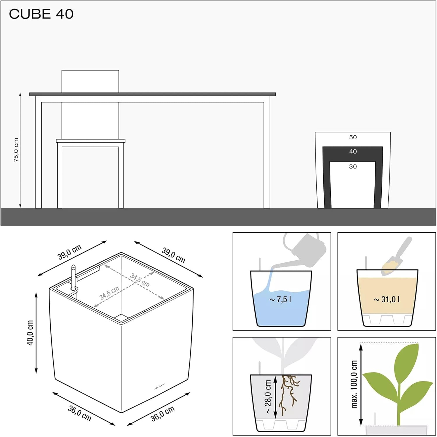 Thumbnail 6 de LECHUZA Cube Premium 40 bianco lucido – vaso auto-irrigante di classe, design tondo e pulito