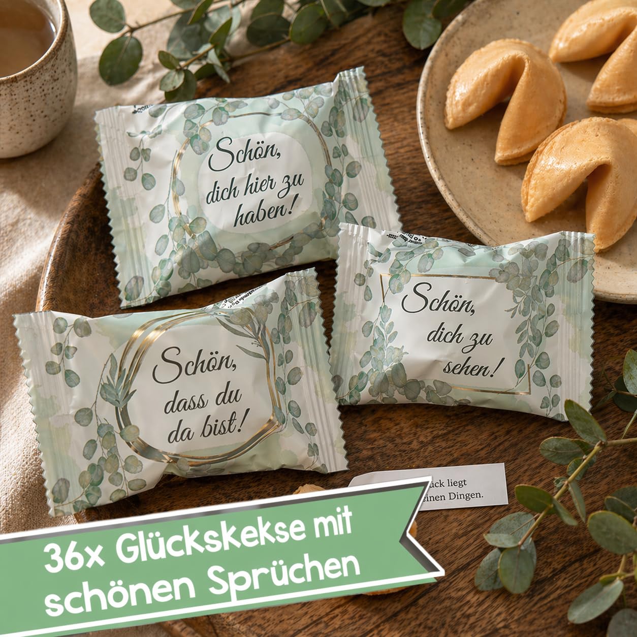 Detalle de FOOD crew 36x Glückskekse „Schön dass du da bist“ – einzeln verpackt, vegan als Gastgeschenk für Hochzeit & Co.