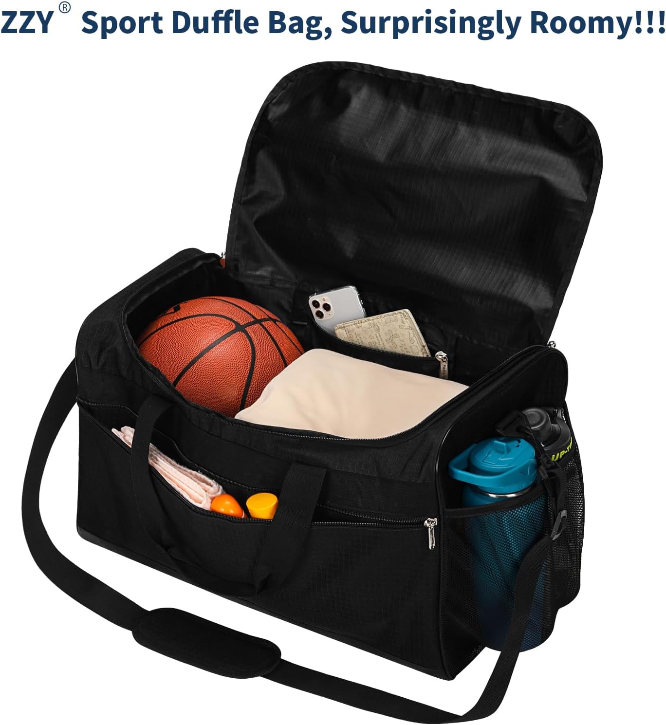 Detalle 2 de ZZY Gym Duffle Bag 40L Sports Holdall (Water Resistant) with Shoulder Strap – Black
