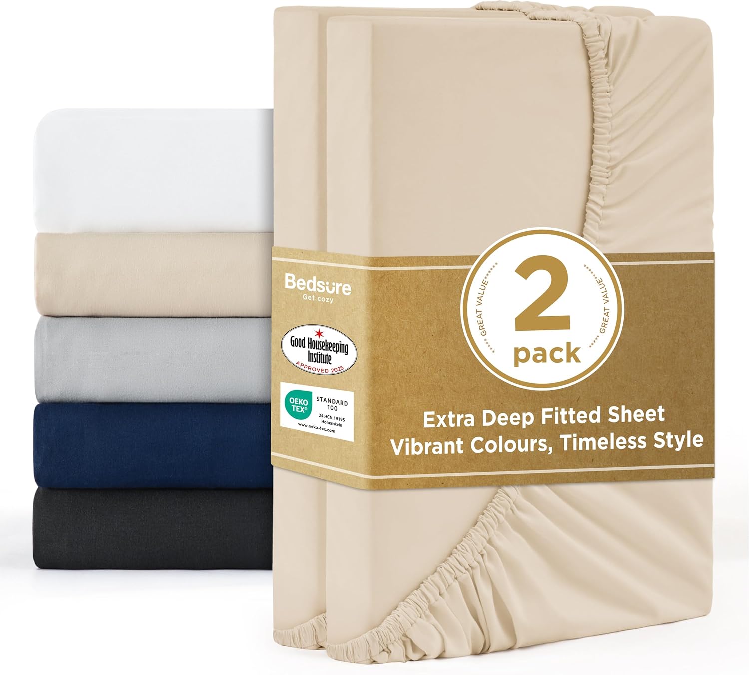 Detalle de Bedsure Single Fitted Sheet Deep – 2 Pack, Extra Deep Pocket 16 inch, 90x190cm, Beige