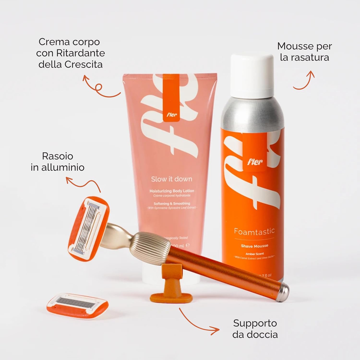 Detalle de Fler Smooth Skin Set: Rasoio Donna con Supporto, 2 Lamette di Ricambio e Crema Corpo Lenitiva