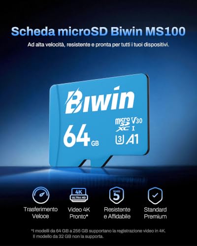 Thumbnail 1 de BIWIN MS100 MicroSDXC 64 GB UHS-I 100 MB/s | A1, V30, U3, per foto e video 4K