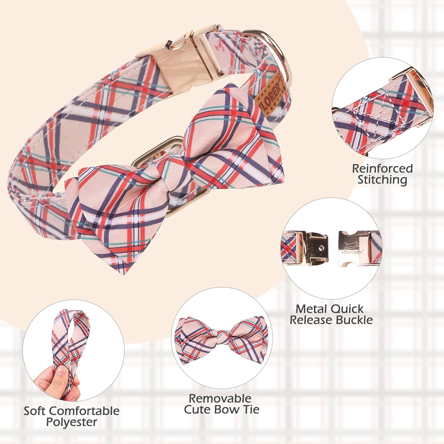 Thumbnail 1 de EXPAWLORER Cute Dog Collar (Plaid M) with Removable Bow Tie and Quick Release Metal Buckle