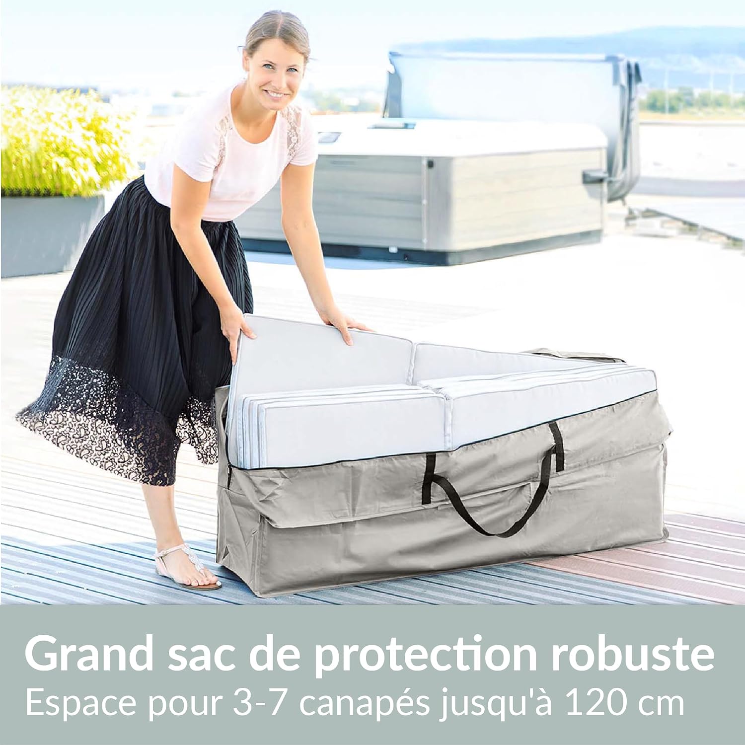 Detalle de Chefarone Sac de rangement imperméable pour coussins de salon jardin – polyester 250D (125 x 50 x 32 cm)
