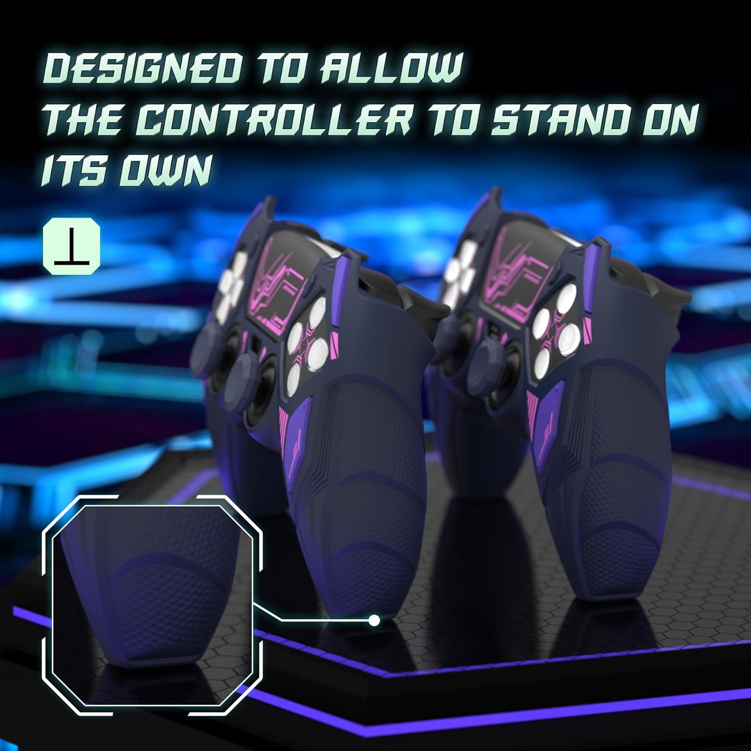 Thumbnail 6 de PlayVital Mecha Rhino silicone cover for PS5 controller with thumb grips & stickers (Midnight Blue & Purple)