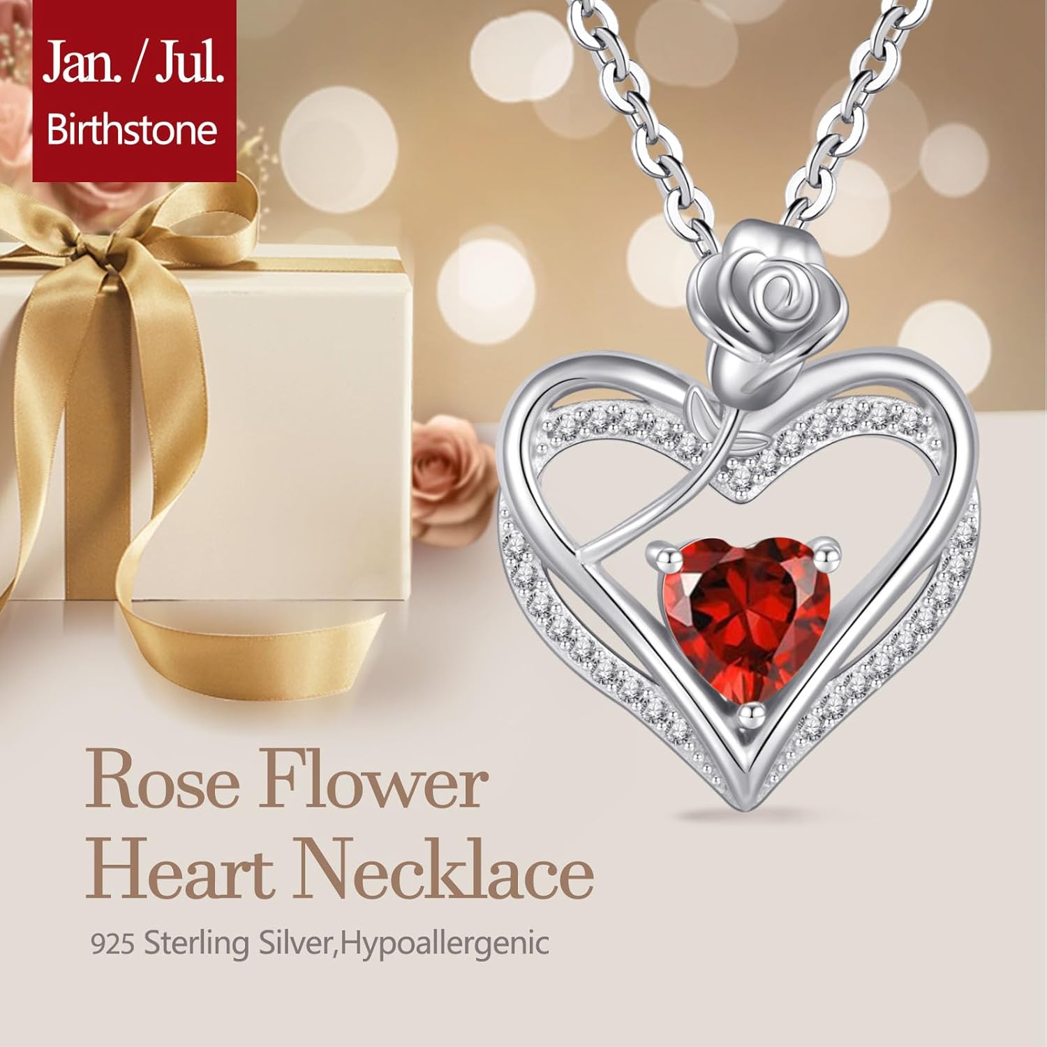 Thumbnail 5 de Muttertagsgeschenk: Halskette Damen Silber 925 – Herz, Rose & Geburtsstein