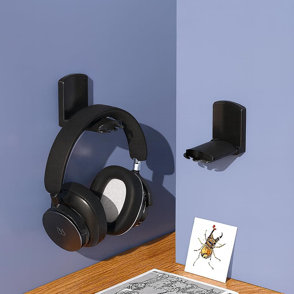 Detalle de HYYTOK 2 Pack Compact Foldable Headphone Stand – Under-Desk Adhesive Headset Holder (Black)