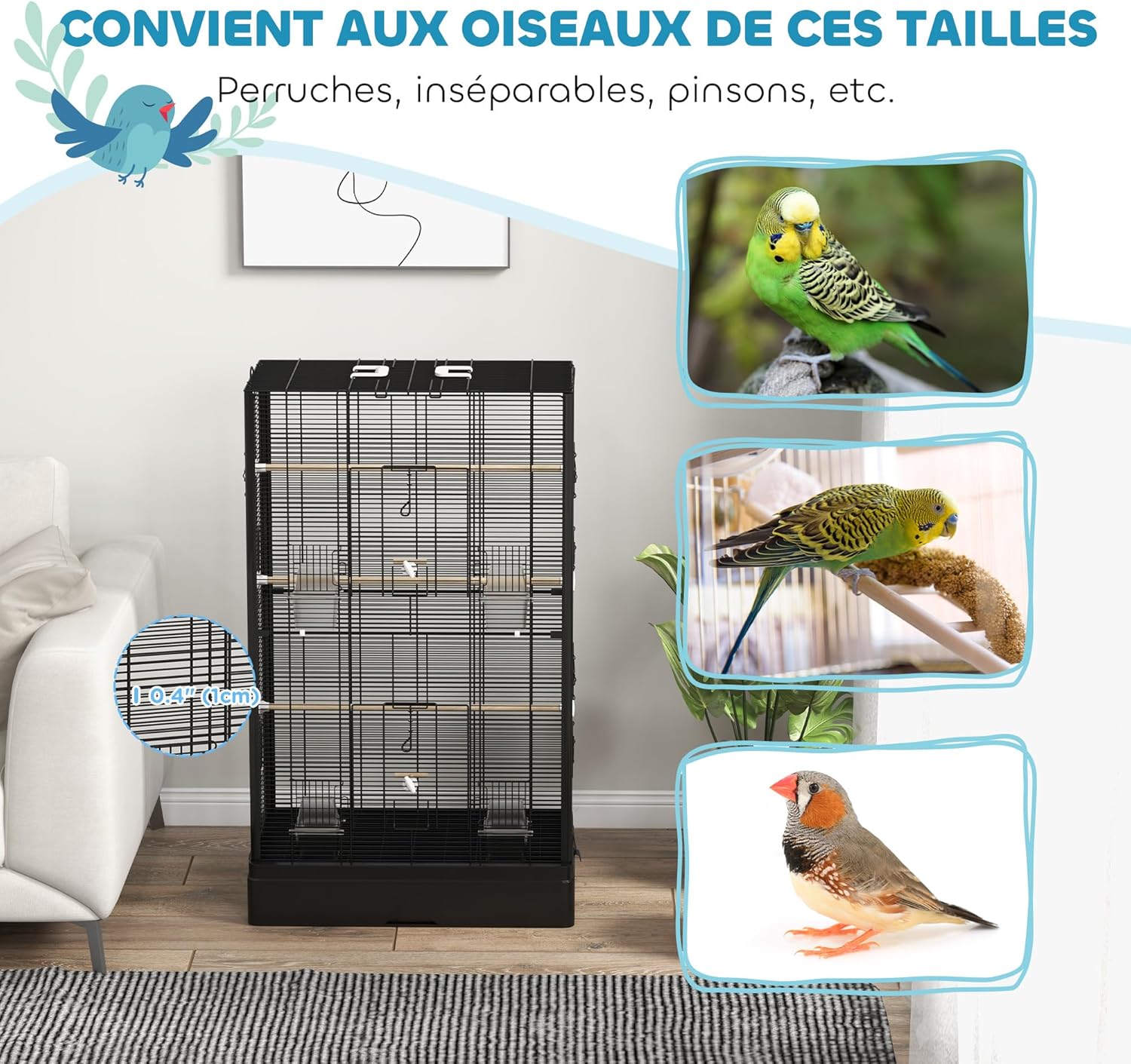 Detalle de PawHut Cage à Oiseaux avec portes et perchoirs (61 x 36,5 x 98 cm) – Noir