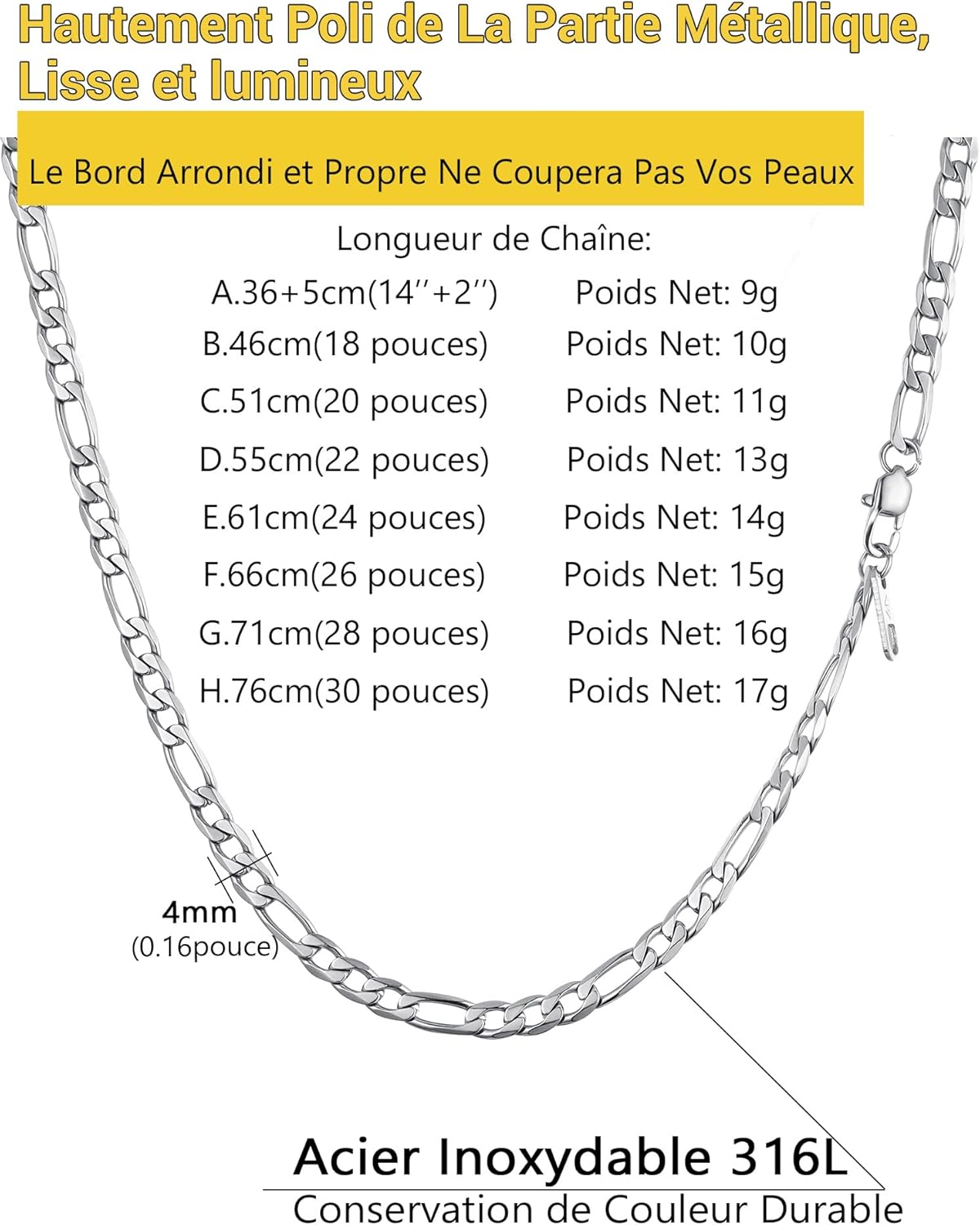 Thumbnail 4 de PROSTEEL Collier Chaîne Figaro en Acier Inoxydable 316L – 3 en 1 (4/6/9/13 mm) | Longueurs 36 à 76 cm