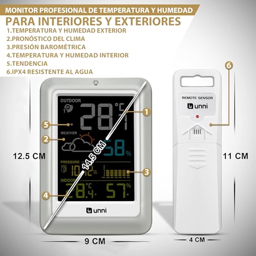 Detalle 2 de Termómetro inalámbrico U UNNI para interiores y exteriores con sensor remoto y pantalla retroiluminada