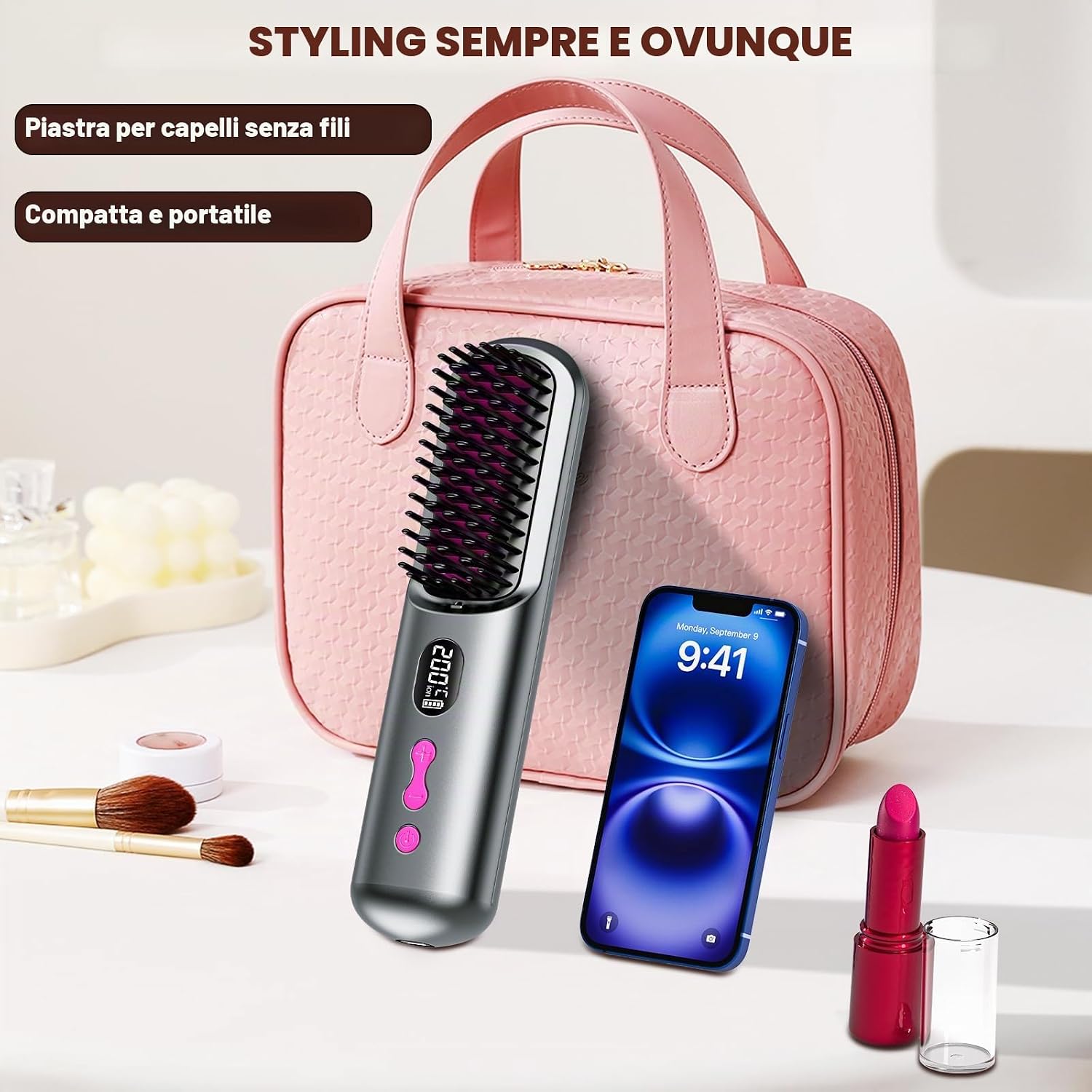 Detalle 2 de Spazzola Lisciante per Capelli 9600mAh, senza fili, 4 livelli di temperatura e design da viaggio