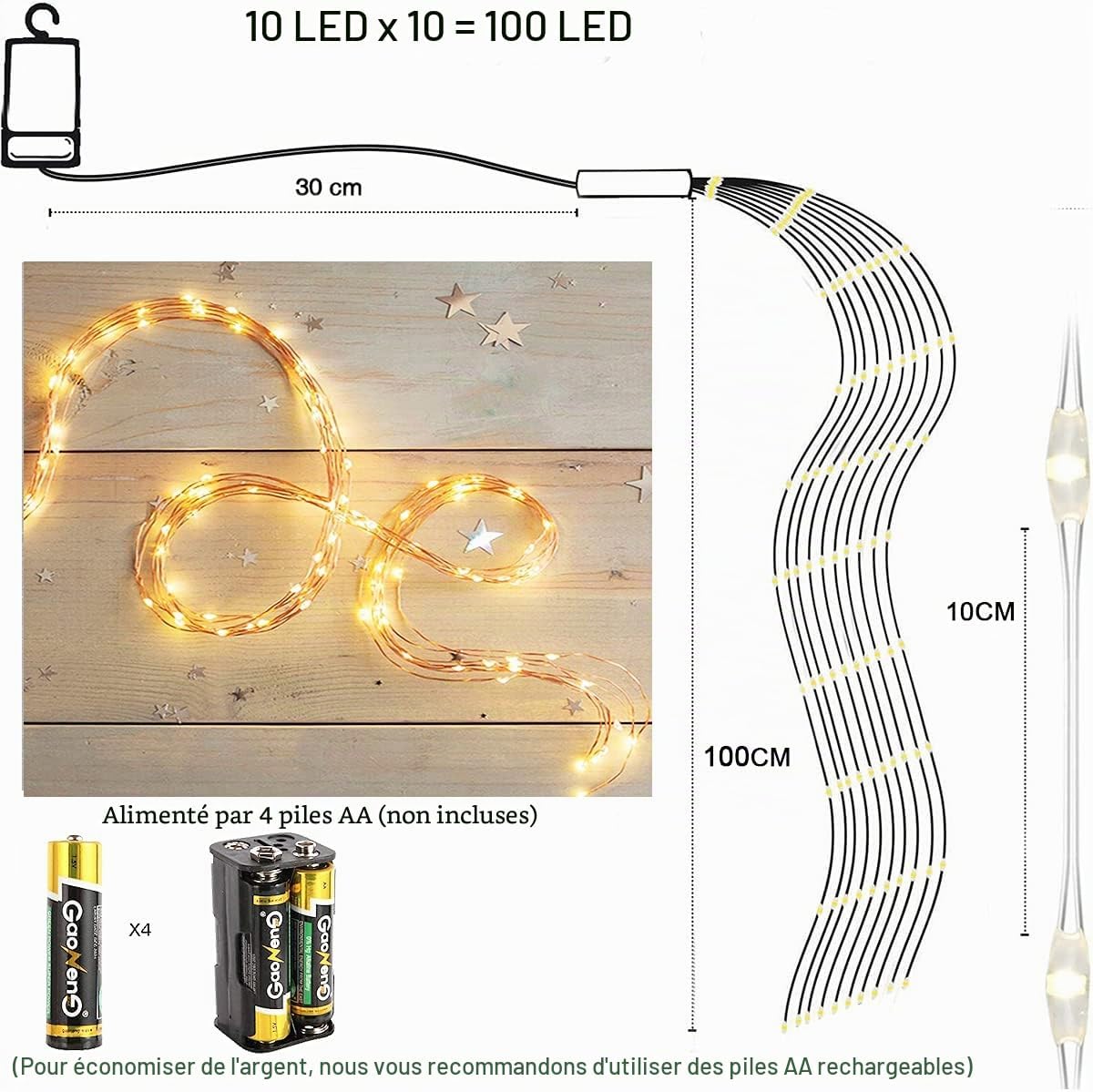 Detalle 2 de Joycome Koperdraad LED-lichtslinger 1 m, 100 leds, warm wit, 8 modi