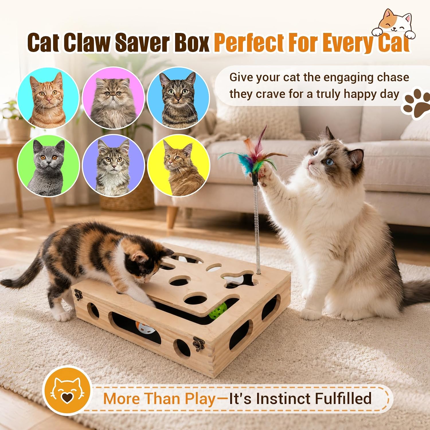 Thumbnail 6 de UOPON CNFSB-0001 Cat Scratch Puzzle Box with Sandpaper, Feather Wands & Bell Balls