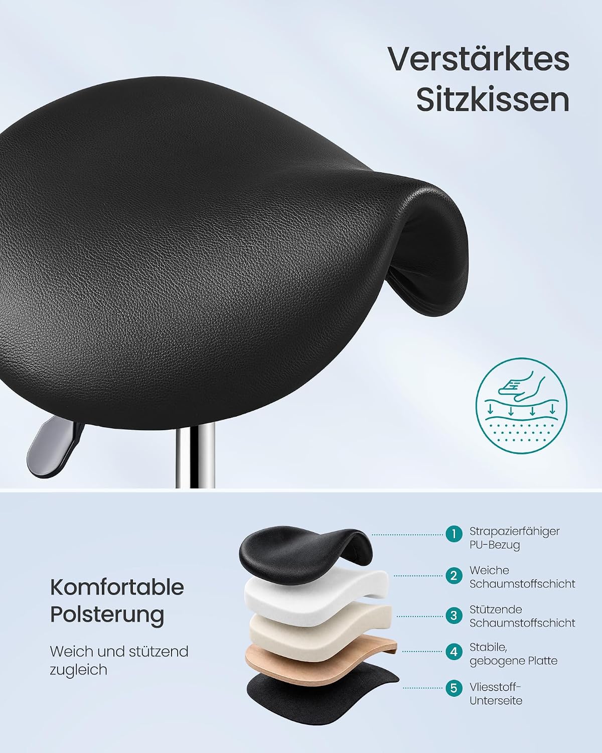 Thumbnail 4 de SONGMICS Sattelhocker OSC014B101 – ergonomischer Rollhocker mit 360° Drehung, höhenverstellbar, PU-Bezug