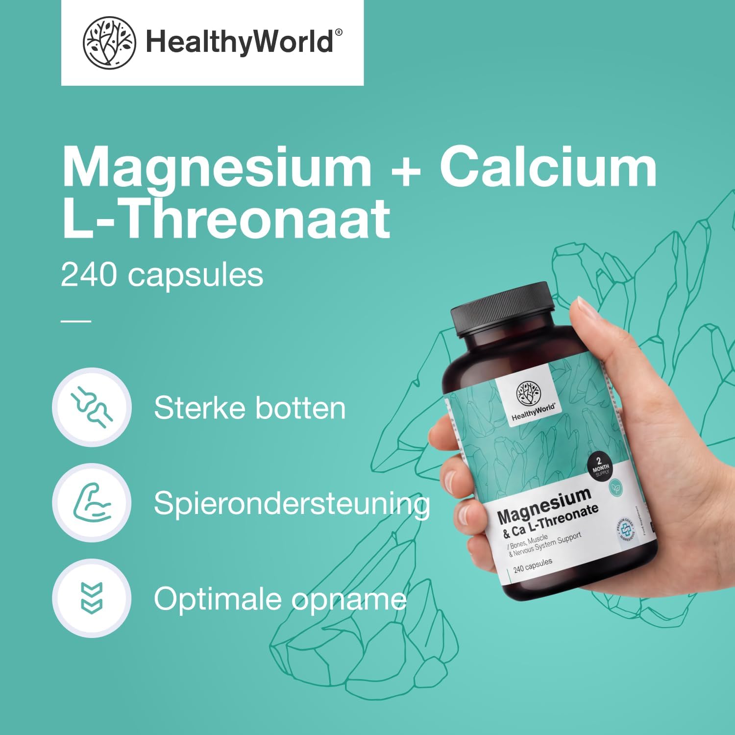 Thumbnail 1 de HealthyWorld Magnesium + Calcium L-Threonaat, 240 capsules met citraat en bisglycinaat