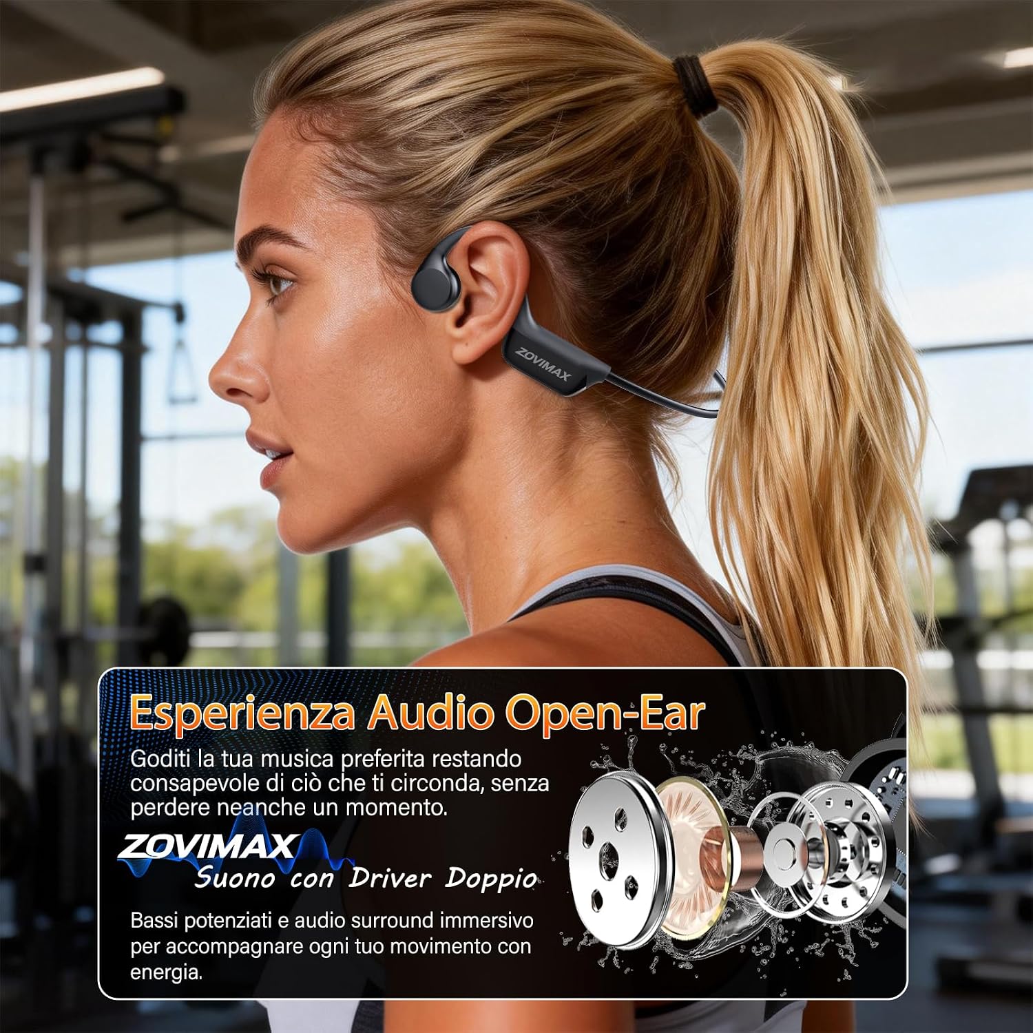 Detalle de Cuffie a conduzione ossea Bluetooth 6.0 Open-Ear con display LED, doppia connessione e IP67 – per corsa e ciclismo