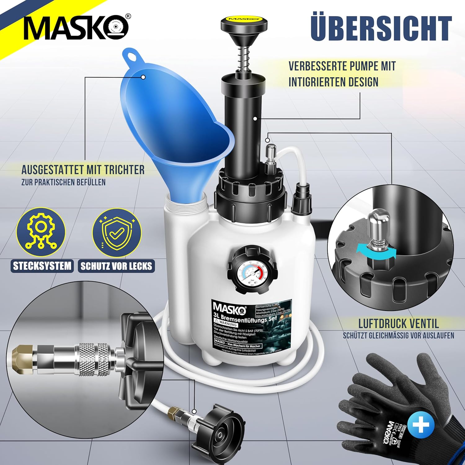 Detalle de MASKO® Bremsenentlüftungsgerät Auto – Bremsflüssigkeits-Wechsel Set mit Handpumpe, 3L + 1L Absaugbehälter, für Scheiben- und Trommelbremsen