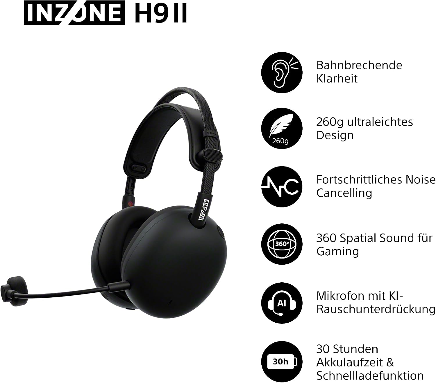 Detalle de Sony INZONE H9 II Kabelloses Noise Cancelling Gaming Headset – Präziser Klang, flexibel verbunden