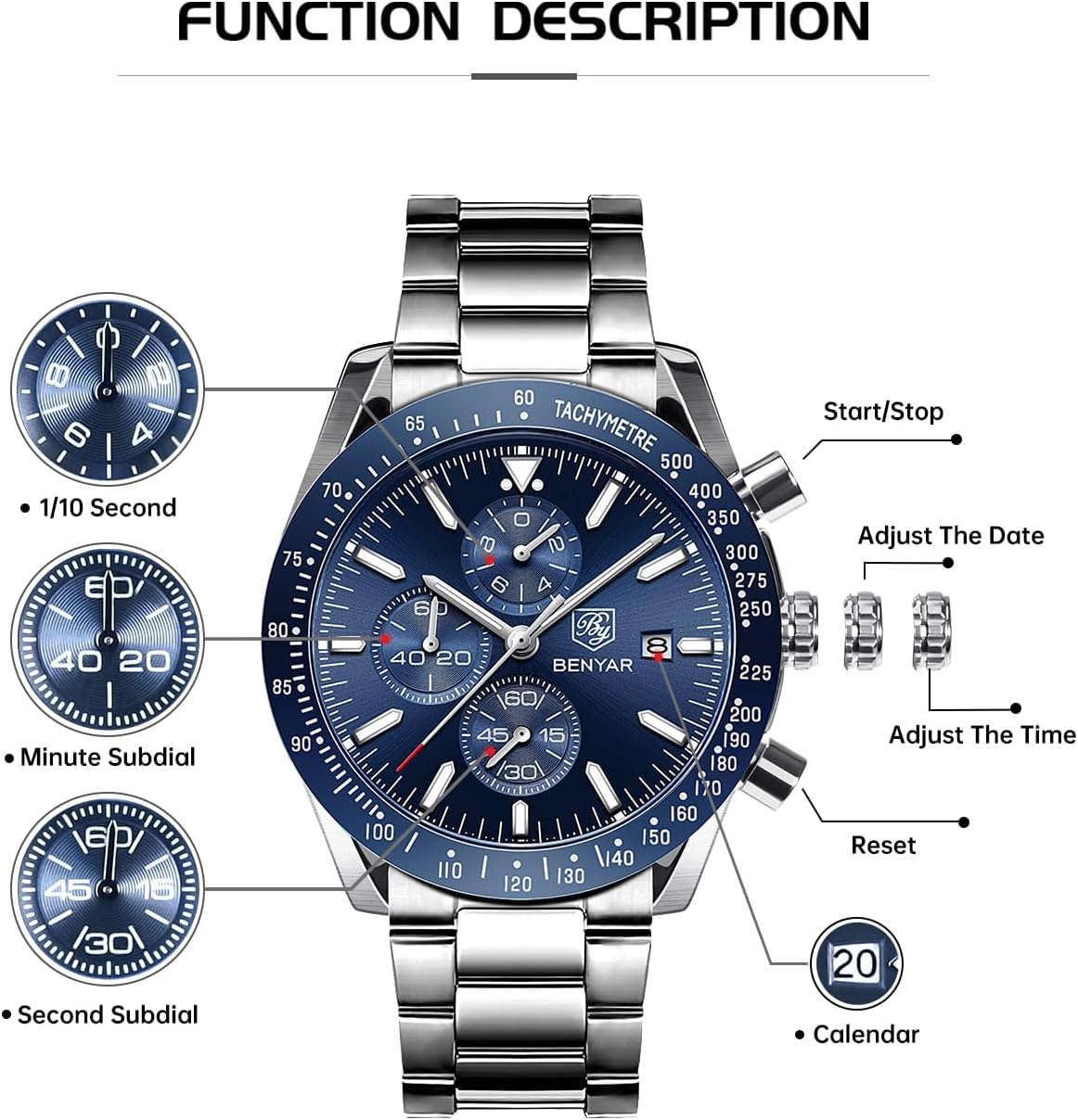 Thumbnail 6 de BENYAR Herrenuhr Analog Quartz Chronograph – 45 mm, Lederband, 30M Wasserdicht