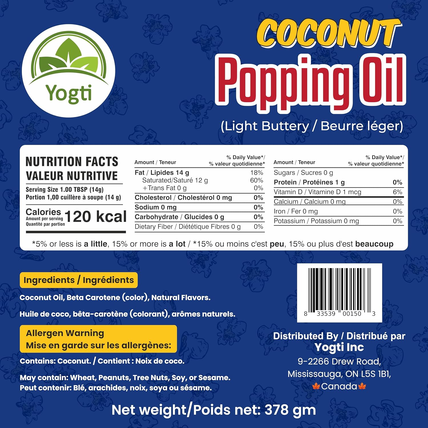 Detalle de Yogti Popcorn Popping Oil, 378 ml, Light Buttery Flavour