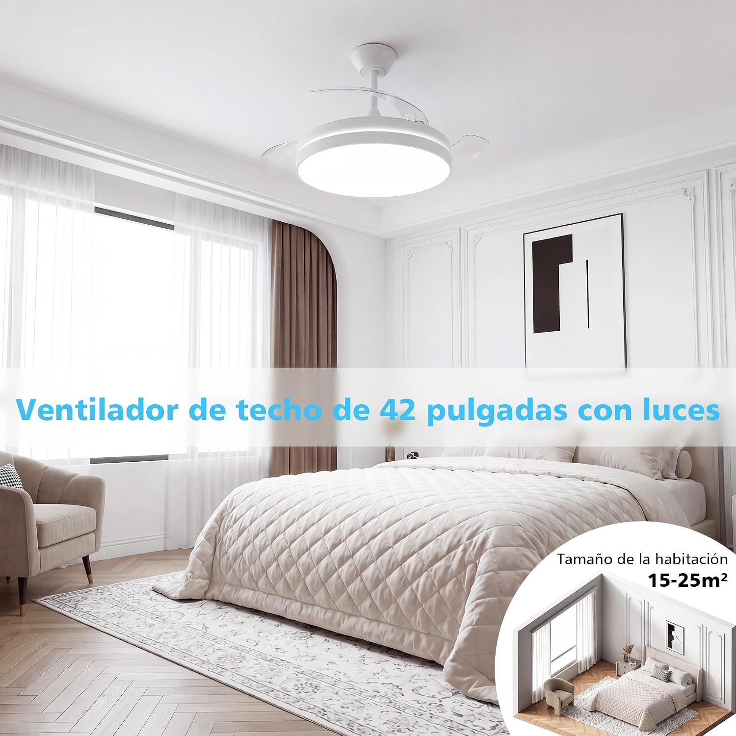 Thumbnail 6 de NIORSUN Ventilador de techo con luz 42" (106 cm) con aspas retráctiles, 3 tonalidades de luz, control por APP y mando, 6 velocidades