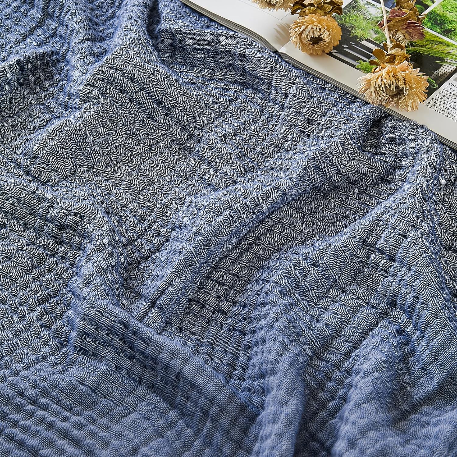 Detalle de EMME Cotton Muslin Large Throw Blanket (Heather Navy) — 50x70, Lightweight & Breathable