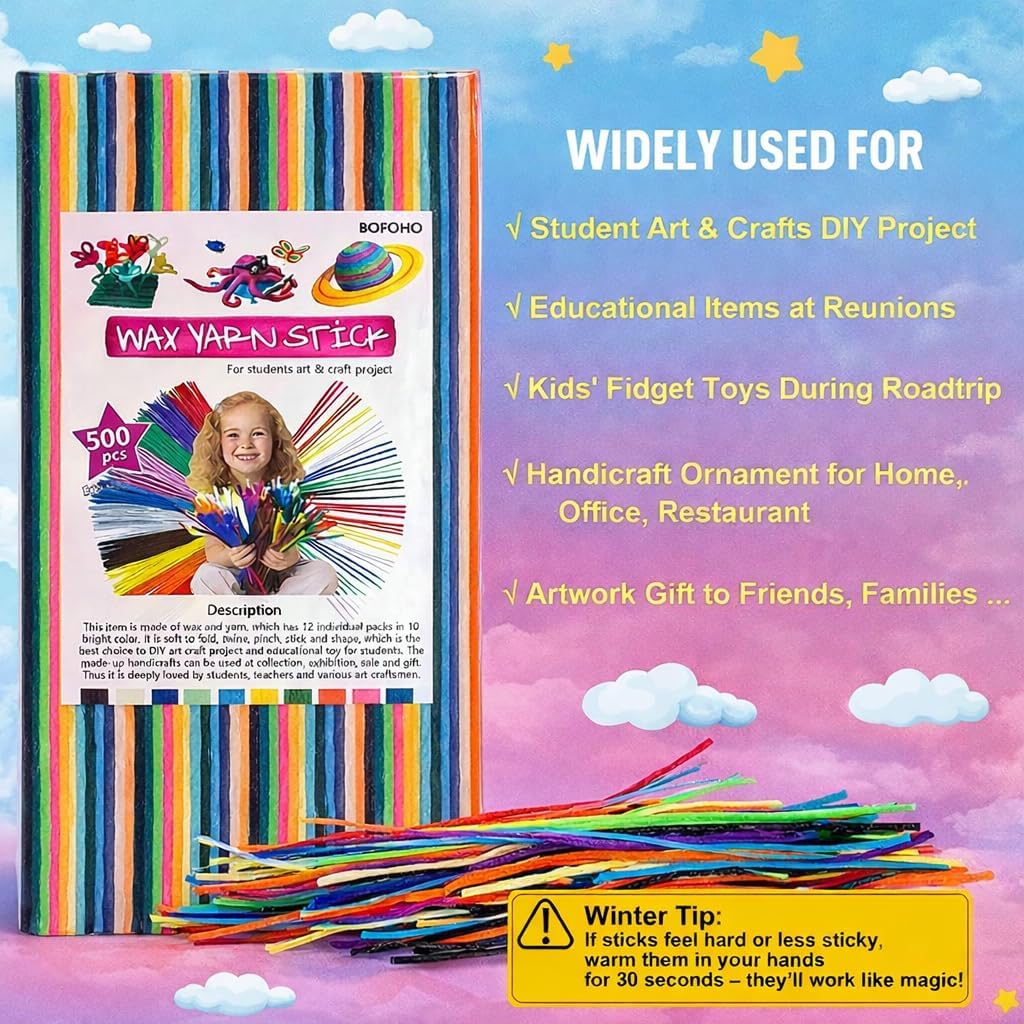 Detalle de Bofoho Wax Yarn Craft Sticks, 500-Piece Set