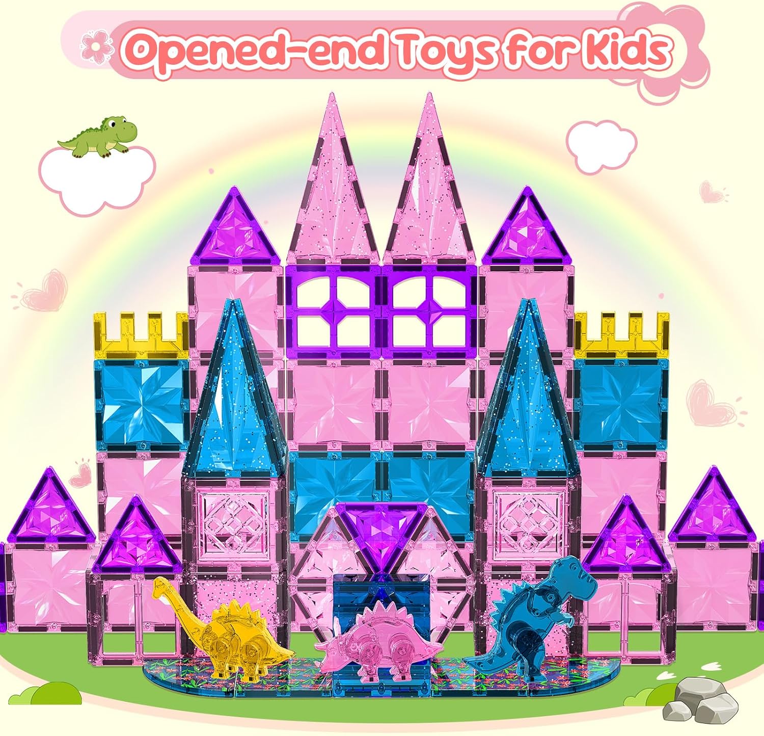 Detalle 2 de UREC 60PCS Dinosaur Toys Magnetic Tiles for Girls: Pink Dino Magnetic Building Blocks (Ages 3-8)