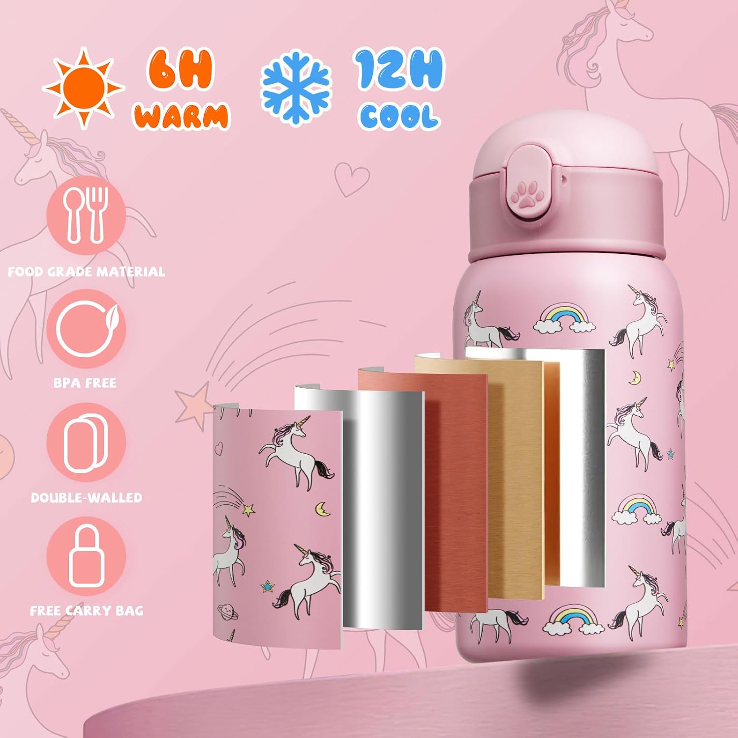 Detalle de Autsel 500ml Borraccia Bambini con cannuccia: borraccia in acciaio inox con doppia parete e silicone