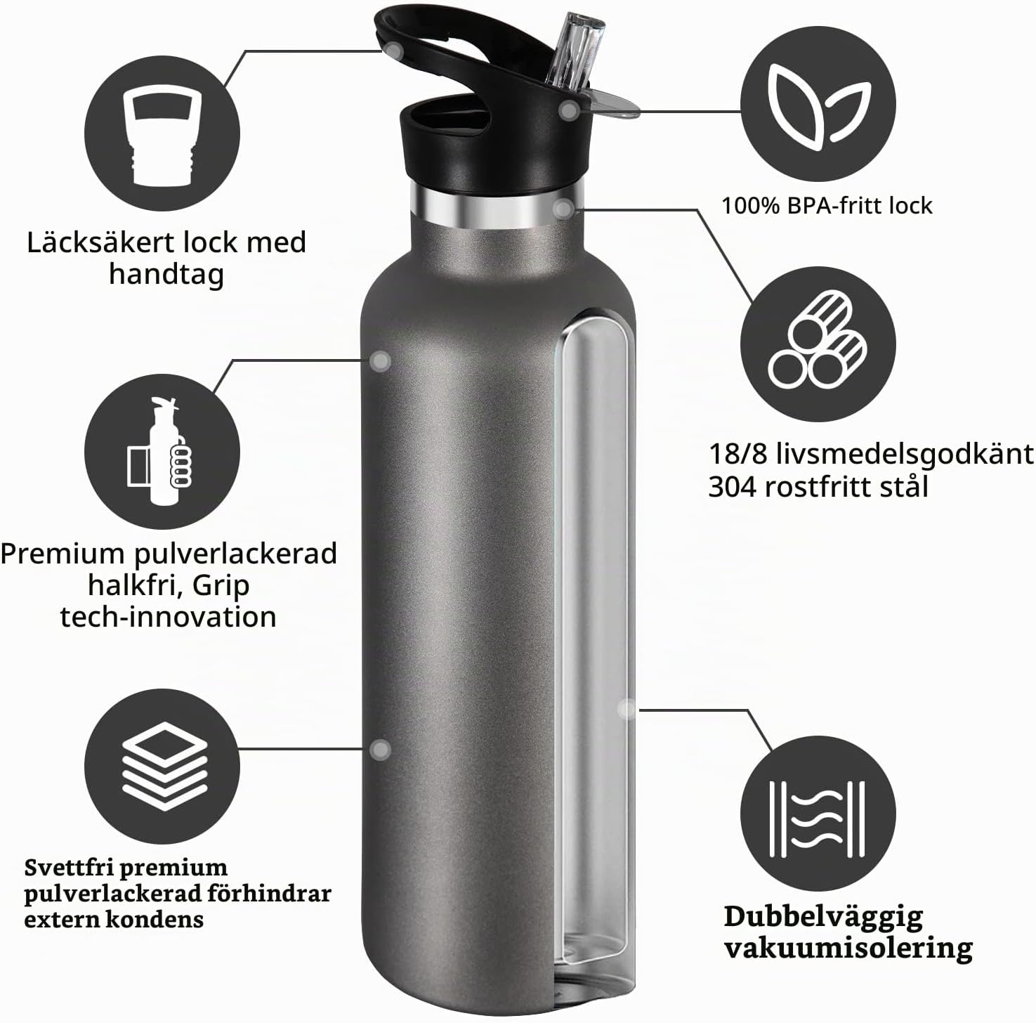 Detalle de Volhoply 750 ml isolerad vattenflaska, 2-pack i rostfritt stål med sugrörslock