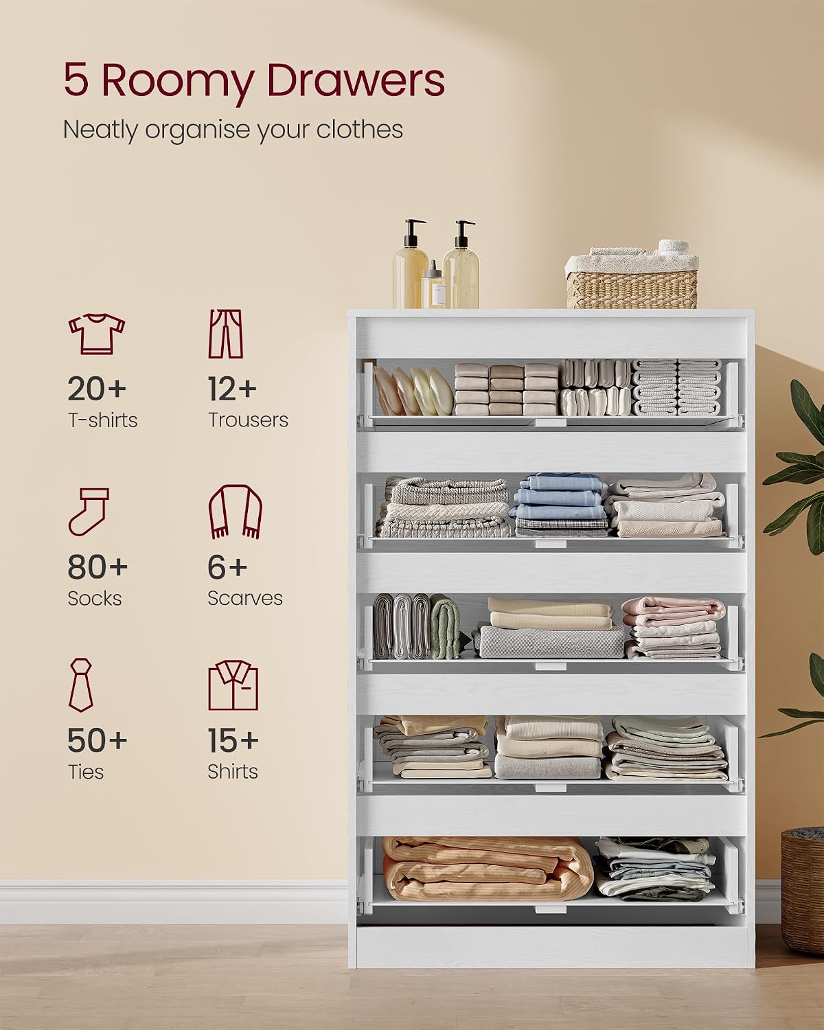 Thumbnail 4 de VASAGLE KAILYN 5-Drawer Chest of Drawers in Snow White (LTS605WE01) – Slim, Modern Storage