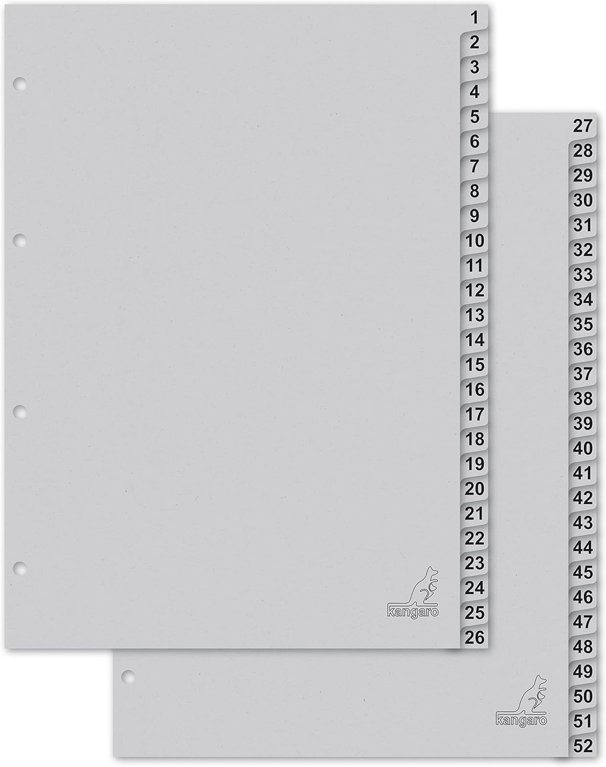 Kangaro Karton-Register DIN A4 Zahlen 1–52 – 52-teilig, 180 g/m² recycelter FSC Karton, Grau