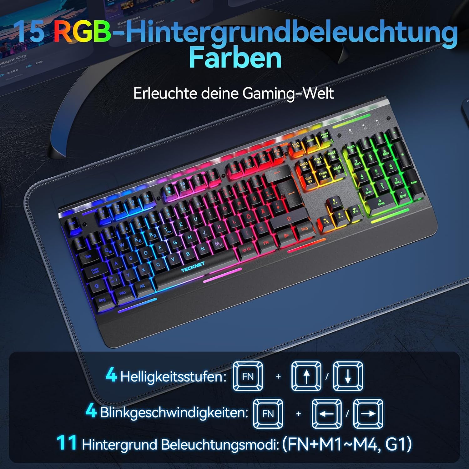 Thumbnail 3 de TECKNET Gaming-Tastatur kabellos (QWERTZ, deutsches Layout) mit RGB, 105 Tasten und Handgelenkauflage