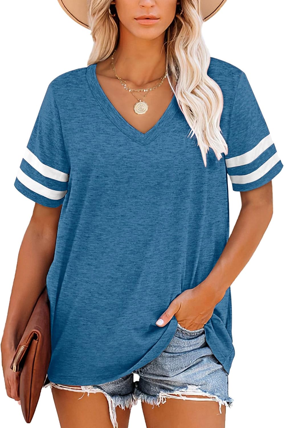 Thumbnail 6 de MOLERANI Damen-T-Shirt Kurzarm V-Ausschnitt gestreift – Sommer-Top, Größe S–2XL