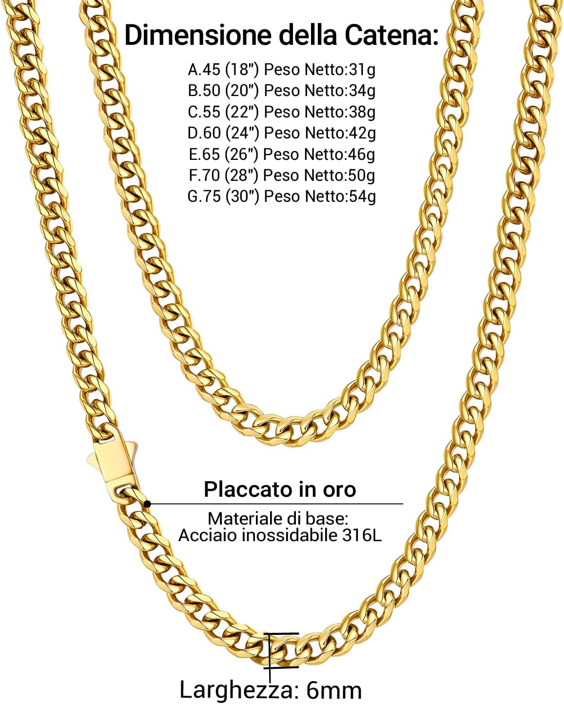 Thumbnail 5 de PROSTEEL Collana Argento Uomo – Catena Cubana Miami 6/9/12 mm, Acciaio Inox 316L, 45–75 cm