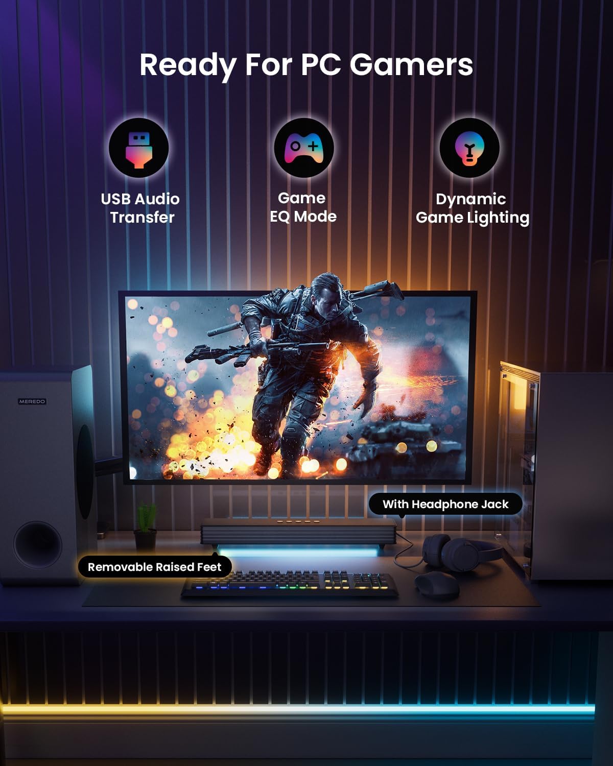 Detalle de MEREDO G38-US 3.1-Channel Soundbar with Wired Subwoofer and RGB Lighting