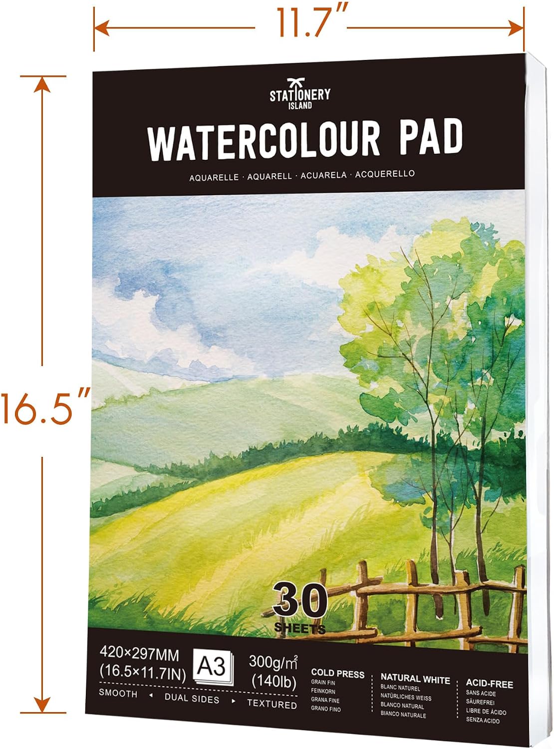 Detalle de Stationery Island Aquarellpapier A3 (300 g/m²) – 30 Blatt Aquarellblock im Skizzenbuch-Format