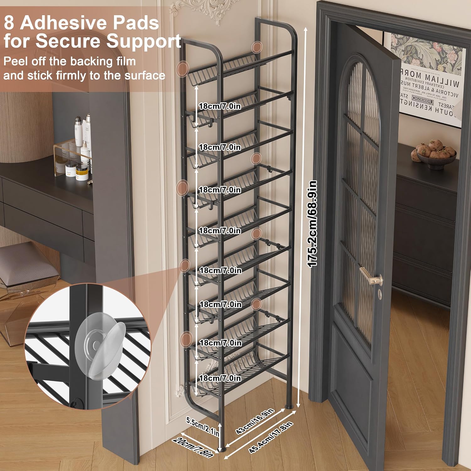 Detalle 2 de Ornestia 70554-9BK 9-Tier Narrow Shoe Rack with 12 Hooks, Black