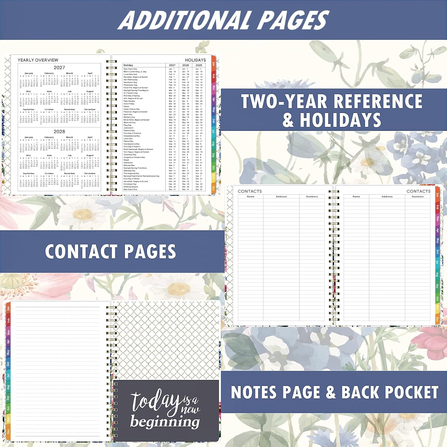 Detalle de Planrage 2027 Planner, Weekly and Monthly Hardcover with Floral Cover and Colorful Tabs