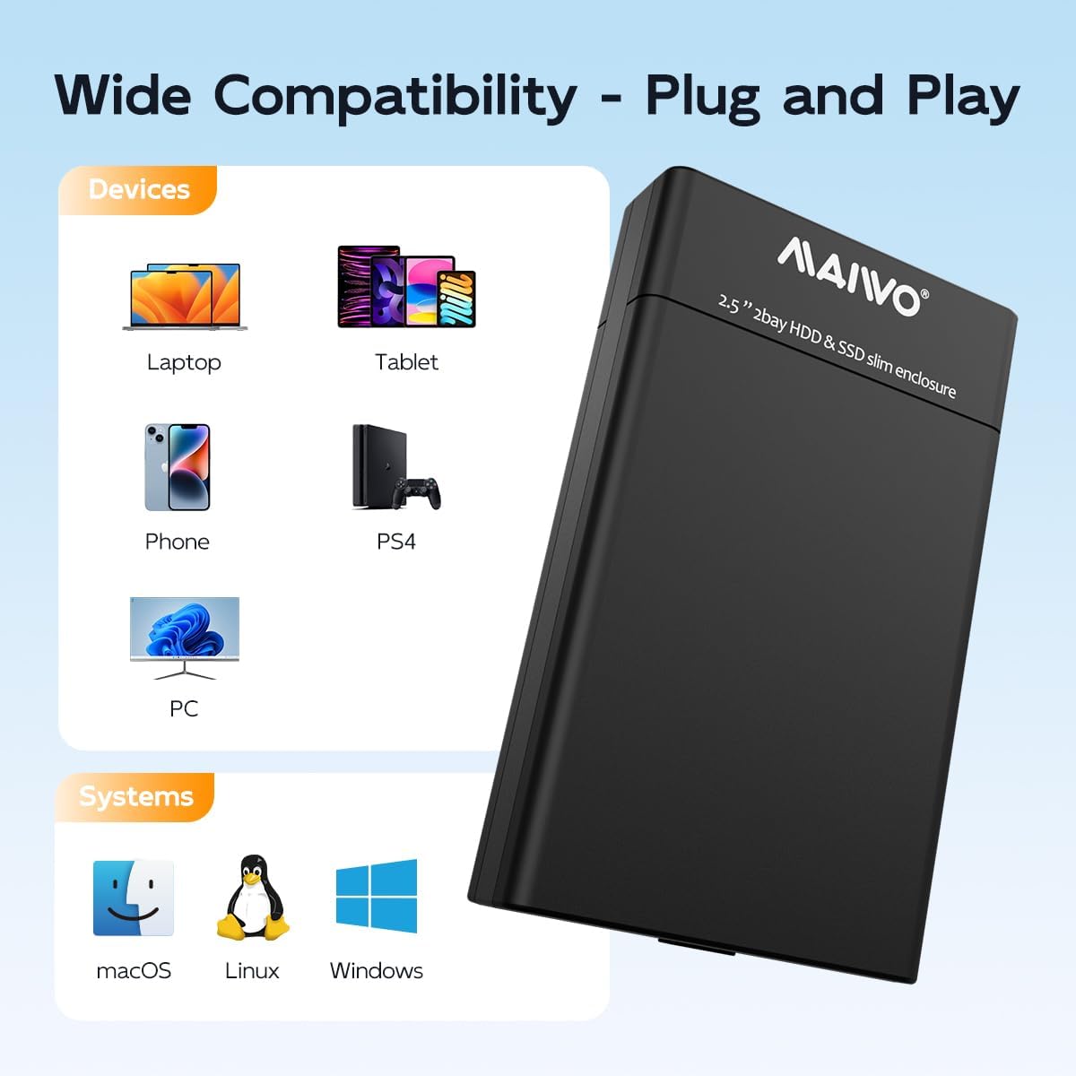 Detalle 2 de MAIWO デュアルベイHDD/SSDケース 2.5インチSATA対応・4種のRAIDモード・USB 3.0