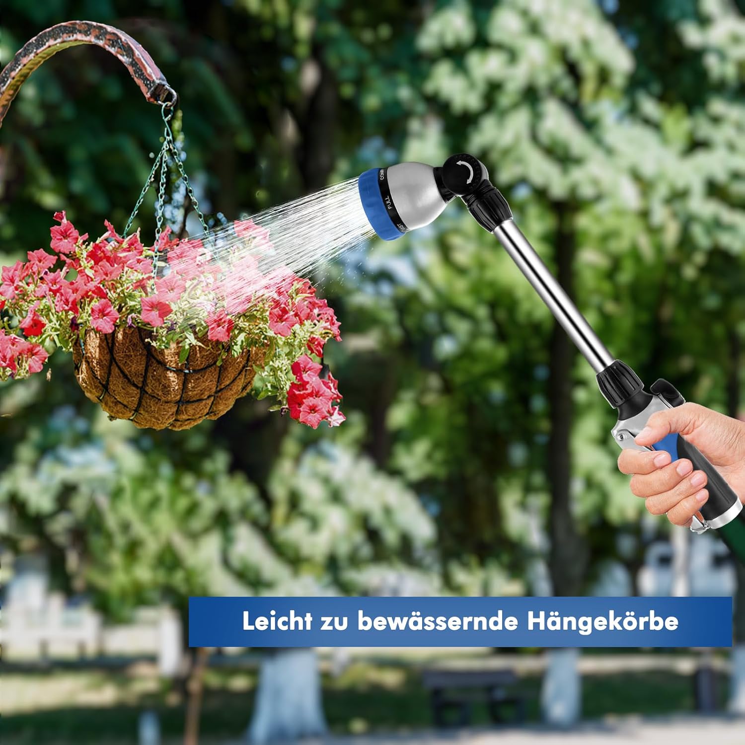 Thumbnail 5 de RESTMO Garten-Gießstab Metall 42 cm mit 180° schwenkbarem Kopf und 7 Sprühbildern (Blau)