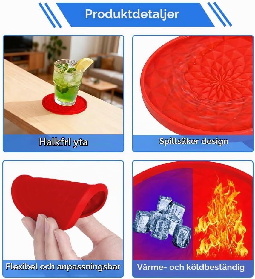 Detalle de AUAUY silikonunderlägg, 6-pack med halkskydd, upphöjd kant och hållare