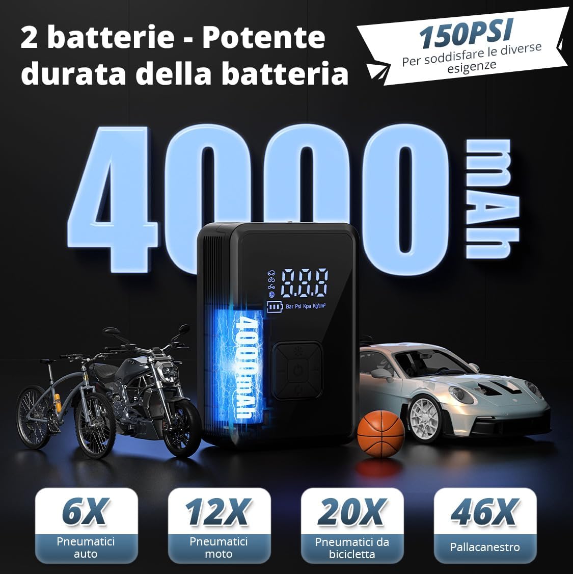 Thumbnail 2 de Oasser Mini Compressore Portatile 150 PSI con LCD e torcia