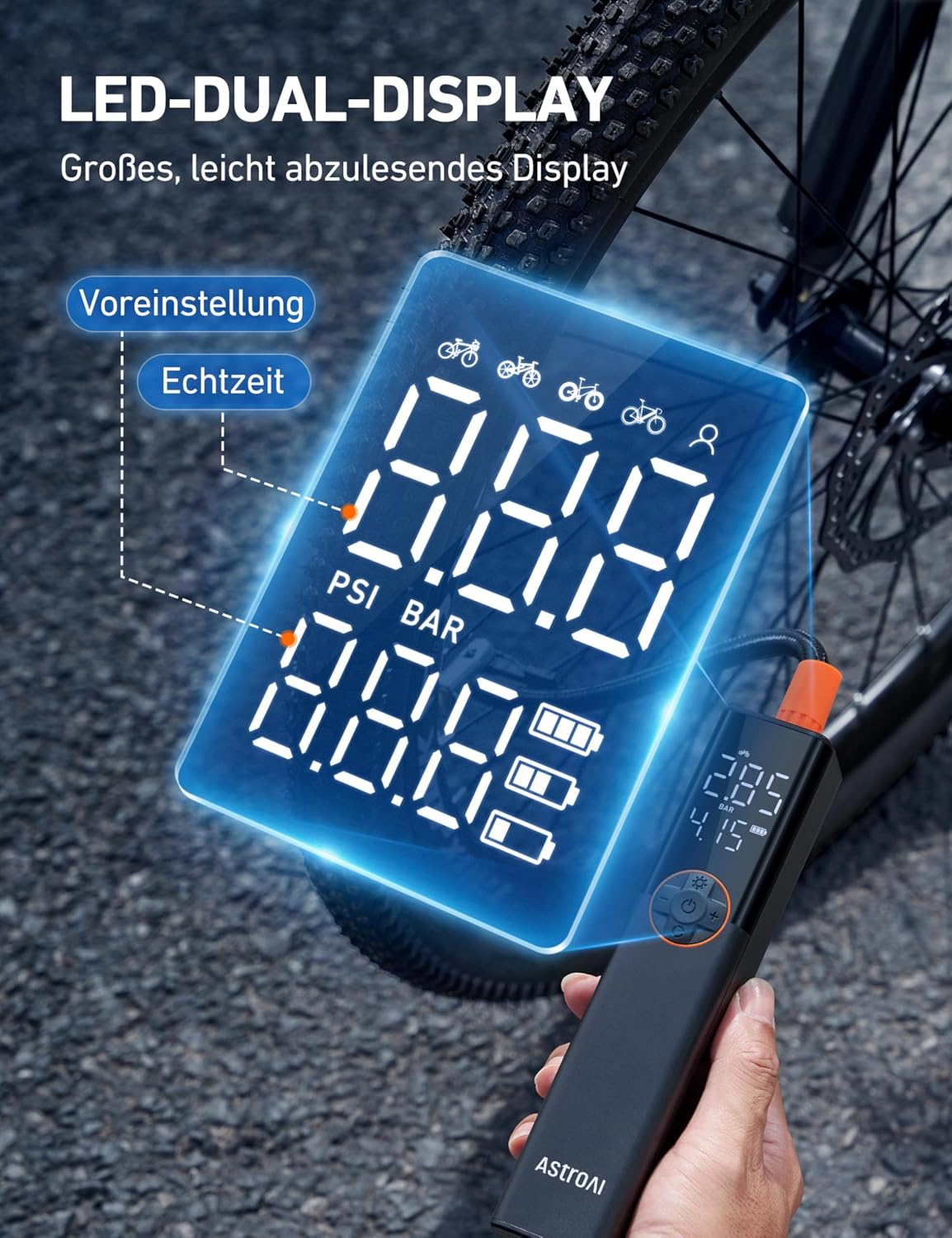 Thumbnail 5 de AstroAI Fahrradpumpe Elektrische Luftpumpe 150 PSI