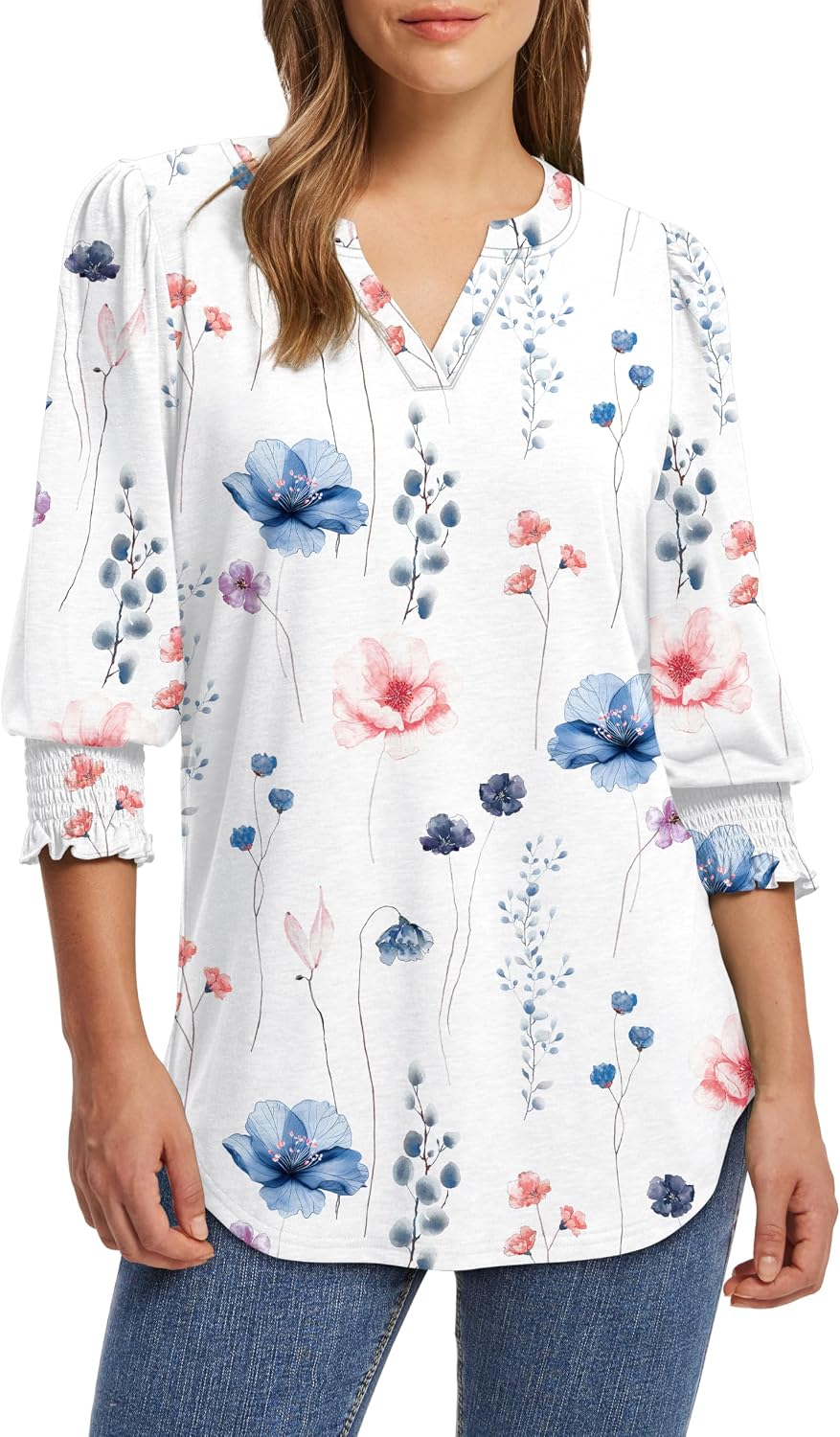 Thumbnail 1 de Aokosor Womens 3/4 Sleeve V-Neck Blouses Puff Sleeve Tunic Top with Smocked Cuffs