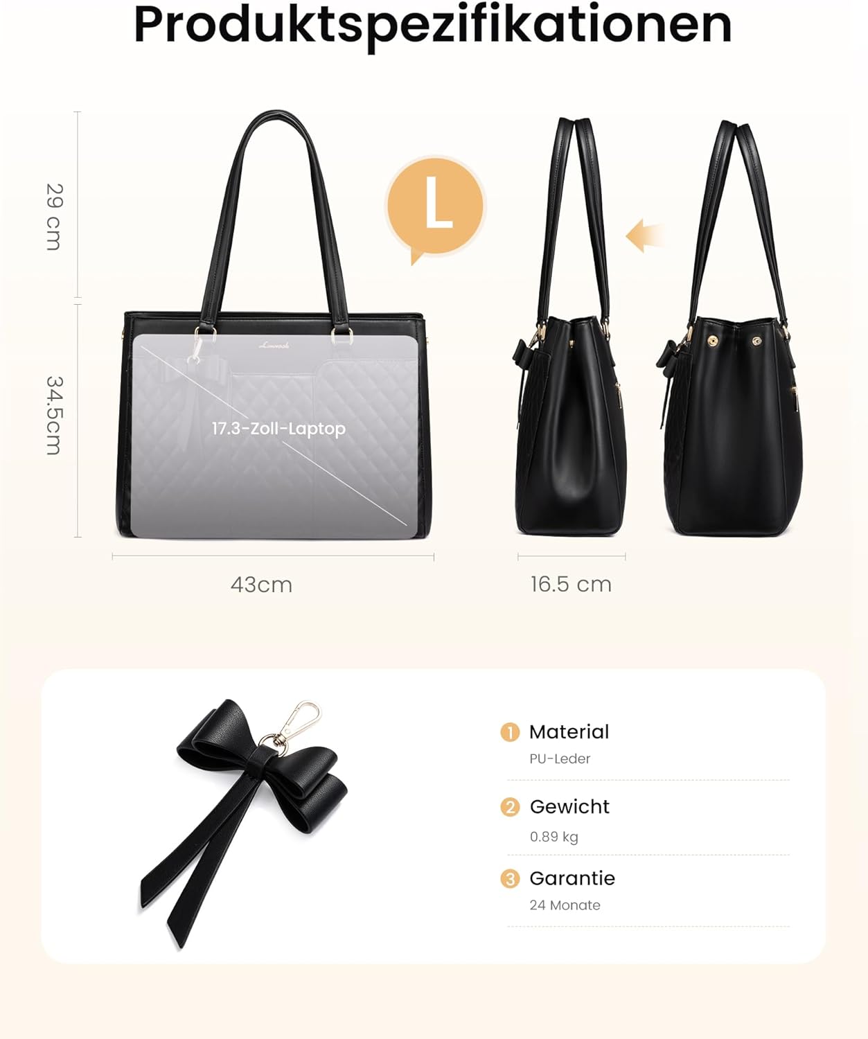 Thumbnail 4 de LOVEVOOK Damen Handtasche groß mit Laptopfach bis 17,3 Zoll – Steppmuster Arbeitstasche & Shopper